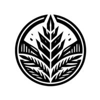 A minimalist black and white circular emblem featuring stylized symmetrical leaves, evoking nature, with precise geometric details. vector