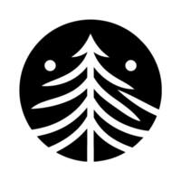 A minimalist black and white circular featuring a stylized evergreen tree silhouette with two small dot elements. vector
