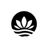 A minimalist featuring a stylized white lotus flower floating above three wavy lines within a black circle, set against a white backdrop. vector