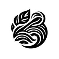 Abstract black and white botanical featuring leaves, flowing lines, and a circular, stylized arrangement. vector
