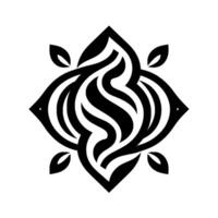 Symmetrical, geometric black and white illustration featuring an intricate stylized floral with curved lines, leaflike accents, and a dynamic, flowing central element. vector