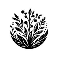 Stylized Black and White Floral Arrangement in a Semicircular Shape, Featuring Leaves, Berries, and Delicate Branch Detailing. vector