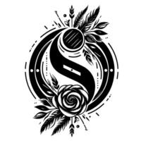 Intricate Black and White Emblem S with Floral and Geometric Fusion, Framed by a Circular Border, Emphasizing Contrast and Symmetry on a Clean Canvas. vector