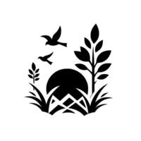 Silhouette scene of birds flying above a stylized landscape, featuring a sun, plants, grass, and geometric mountain in a minimalist design. vector