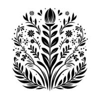 Stylized floral emblem featuring a central bud with symmetrical leafy branches, delicate flowers, and scattered berries, creating a symmetrical black and white decorative design. vector