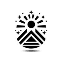 Geometric Black White Emblem Sunburst above a stylized mountain range, with starlike dots creating a radiant aura on white background. vector
