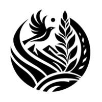 A stylized black and white emblem featuring a flying bird above a mountain, wheat stalk, and stylized waves within a circular frame. vector