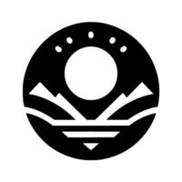 Minimalist black and white circular design Sun above mountain range reflecting on water, within a textured white backdrop. vector