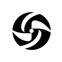 Minimalist abstract featuring a circular element composed of black and white curved shapes converging towards a central white dot, evoking dynamism. vector