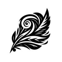 A minimalist monochrome of an ornate stylized feather featuring swirling patterns and sharp edges, set against a stark white backdrop. vector