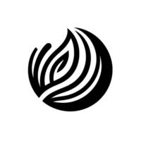 A stylized, abstract black and white featuring a curved, leaflike form encased in a spherical shape, evoking concepts of growth and organic design. vector