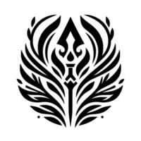 Ornate Black and White Symbol A symmetrical featuring stylized foliage framing a central blade and geometric elements, creating a bold and balanced composition. vector