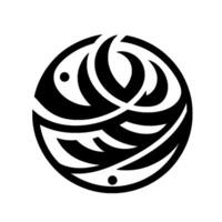 A symmetrical, black and white tribal art design, forming a circular shape, depicting interconnected fishlike forms and flowing lines, creating a harmonious visual balance. vector