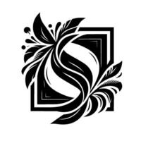 Elegant Black and White Floral Emblem in a Square Frame, Featuring Leafy Vines and a Serpentine Silhouette, Modern Abstract Design. vector