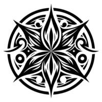 Intricate Black and White Mandala A symmetrical, starlike with stylized floral elements, sharp points, and circular framing, embodying balance and spiritual harmony. vector
