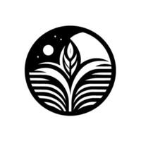A minimalist black and white circular featuring a stylized plant with leaves, a moon, and stars, set against a white background, evoking nature and serenity. vector