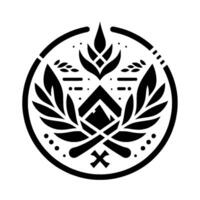 A symmetrical black and white emblem, featuring a mountain, leaves, and a stylized flower within a circle, evoking a sense of heraldry. vector