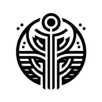 Monochromatic Geometric Emblem of a Stylized Tree Within a Circle, Featuring Lines, Curves, and Dots on a White Backdrop. vector