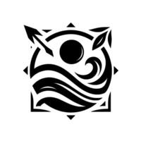 A minimalist, stylized representing the balance of nature sun, waves, leaves, and an arrow, set within a geometric frame. vector