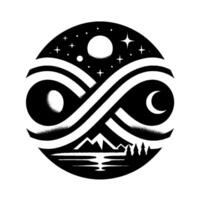 Black and white circular merging day and night elements, with infinity symbol entwined, featuring mountains, lake, stars, moon, and crescent. vector