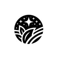 A stylized black and white depicting a night scene within a circle leaves, stars, and layered horizontal lines. vector