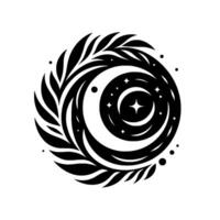 Intricate Black and White Celestial Mandala Featuring Crescent Moons, Stars, and Leafy Embellishments in a Circular Composition. vector