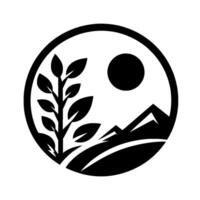 A minimalist monochrome emblem featuring a stylized tree, mountains, and sun within a circular frame, evoking natures harmony. vector