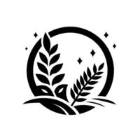 Simple black and white of wheat stalks within a circle, with starlike accents and an abstract base, suggesting nature and growth. vector