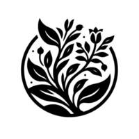 Elegant, minimalist botanical illustration a stylized blackandwhite floral enclosed within a circular frame, showcasing leaves, buds, and a blossoming flower. vector