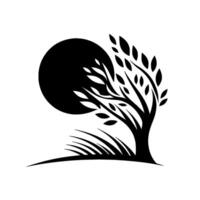 Silhouette of a stylized tree and moon, with the leaves and grass blowing in the wind, rendered in bold black against a white backdrop, evoking a sense of movement and minimalist beauty. vector