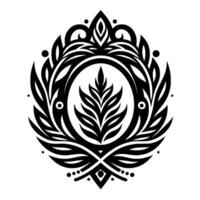 Intricate Black and White Floral Emblem A symmetrical featuring stylized leaves, geometric shapes, and an elegant circular frame, rendered in high contrast on a white background. vector