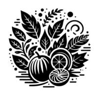A stylized black and white illustration of citrus fruits and leaves, arranged in a circular composition for a modern, organic design. vector