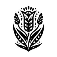 An elegant, stylized black and white floral emblem, featuring a central tuliplike blossom with detailed leaves, flanked by wheat stalks, all within a symmetrical, decorative framework. vector