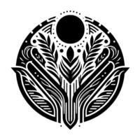 Intricate Black and White Circular Mandala with Leaf and Sun Elements, Featuring Detailed Patterns and a Geometric Aesthetic. vector
