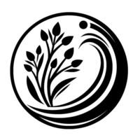 A stylized, minimalist emblem featuring a botanical element with leaves and buds, intertwined with wavelike forms and a celestial dot, all encased within a circular border, rendered in monochrome. vector
