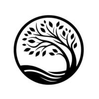 A minimalist circular of a stylized tree with leaves and curved base, rendered in solid black against a white background. vector