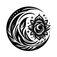 Intricate Black and White Mandala Design Floral Motif, MoonShaped Background, Stars, Dots, and Detailed Leafy Elements, creating a harmonious and elegant artistic composition. vector