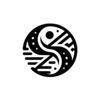Geometric YinYang Composition a black and white circular design, representing balance and harmony, with stylized lines and dots. vector