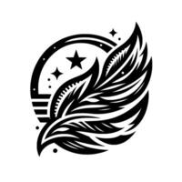 A striking black and white illustration featuring a stylized feather composed of layered lines, partially encircling a circle with stars and linear patterns, creating a bold, tribalinspired design. vector