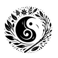 Yin Yang symbol encircled by botanical elements, a minimalist black and white evoking balance, harmony, and natural motifs. vector