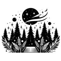 A cosmic landscape in stark black and white, featuring a starry night sky, a stylized planet, and a forest of trees with stylized flora, merging nature and space in a minimalist design. vector