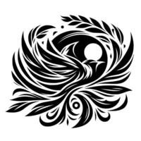 Symbolic Black and White Illustration of a Phoenix in Flight, Nested Within Circular Foliage and Celestial Orbs, Evoking Rebirth and Renewal. vector