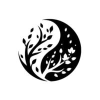 Yin and Yang Harmony A stylized black and white illustration of two stylized trees, embodying duality and balance in nature, within a circular shape. vector