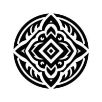 Intricate symmetrical black and white design, geometric mandala art, a circular floral motif with a central square. vector