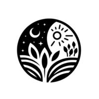 Yin Yang Symbol Illustrating Day and Night Cycle with Nature Elements Sun, Moon, Plants, and Fields. vector