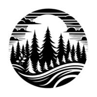 A minimalist black and white illustration, showcasing a forest scene within a circular frame, featuring trees, clouds, and a stylized landscape with a serene and tranquil ambiance. vector