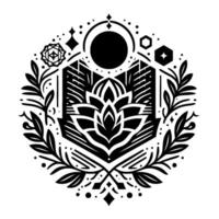 Intricate black and white circular symmetrical artwork of a stylized lotus flower within a geometric and botanical composition, with celestial elements. vector