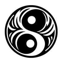 A stylized, intricate Yin Yang symbol featuring ornamental featherlike elements, rendered in highcontrast black and white, and centered against a plain background. vector
