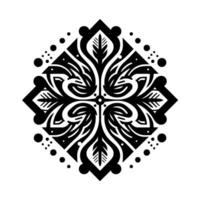 Symmetrical Black and White Floral Mandala, Botanical Design, Geometric Shape, Dot Detailing, Centered Abstract Art. vector