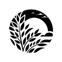 A monochromatic minimalist emblem featuring a stylized tree with leaves emerging from a halfcircle framing a serene sky with clouds, evoking simplicity. vector